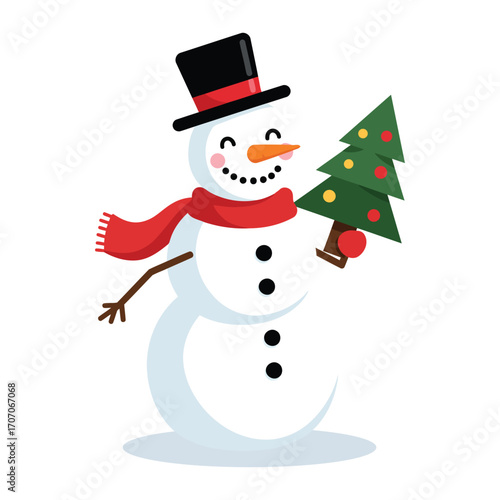 A cheerful snowman wearing a hat and scarf, holding a decorated Christmas tree.