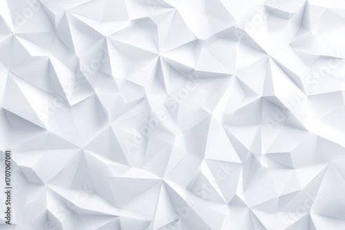Abstract geometric white 3D polygonal surface. Light and shadows create depth and texture, forming a crisp and modern background