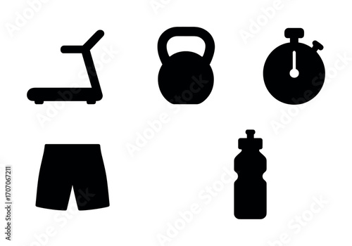 Fitness icons: dumbbell, kettlebell, stopwatch, shorts, water bottle