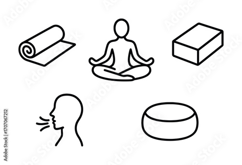 Minimalist yoga essentials illustration with mat, meditation, and breathing line art