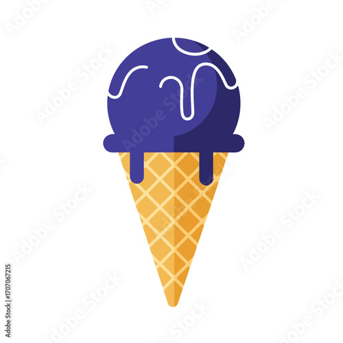 A flat vector illustration of a purple ice cream scoop with a light drizzle in a waffle cone, isolated on a white background.