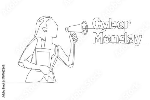 Man with megaphone shouts discount. Cyber monday concept one-line drawing