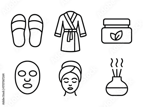 Spa essentials: slippers, robe, cream jar, mask, relaxed female, diffuser icons