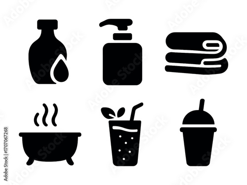 Set of bath and beverage icons featuring soap, towels, bathtub, and drinks