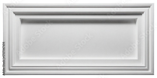 A white rectangular panel with layered molding, creating a recessed center area. The design offers a clean, elegant architectural detail