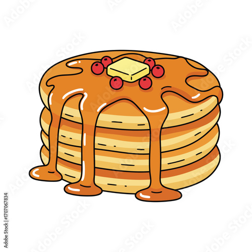 Stack of golden pancakes with dripping syrup, a pat of butter, and red berries on top, isolated on a white background.