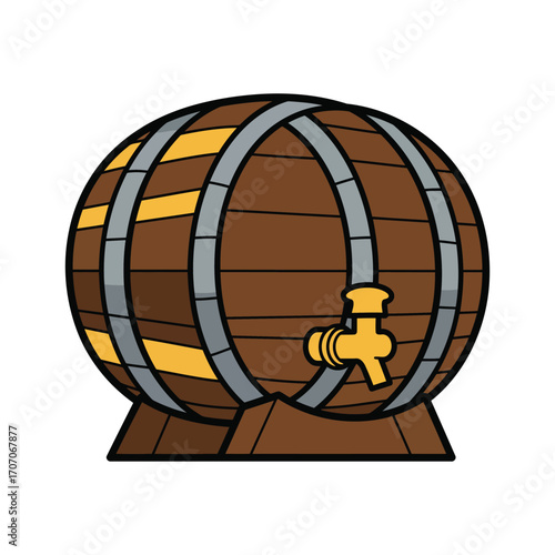 A cartoon illustration of a wooden beer keg with a tap.