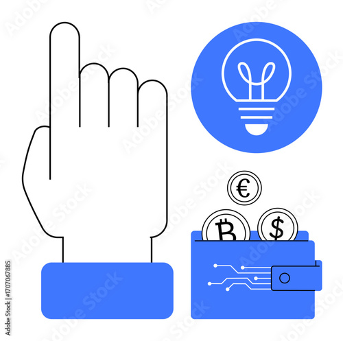 Raised hand suggesting selection, illuminated lightbulb for ideas, wallet with cryptocurrency coins. Ideal for finance, innovation, digital payment, saving, cryptocurrency, technology simple landing