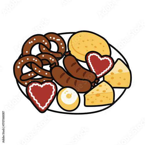A colorful illustration of a traditional German or Bavarian snack platter featuring pretzels, sausages, cheese, bread, and heart-shaped cookies.