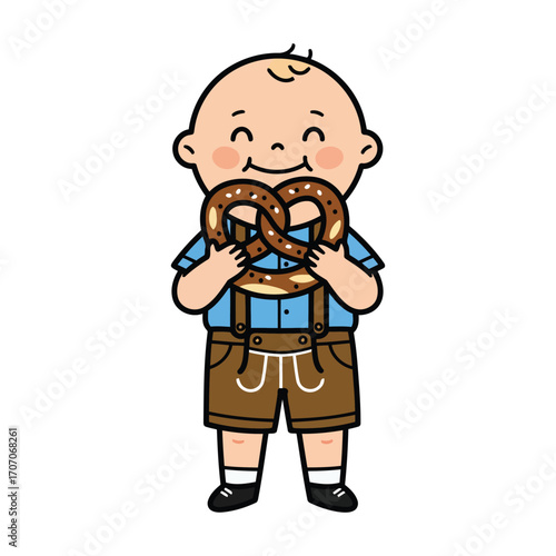 A cheerful cartoon baby wearing traditional Bavarian clothing, holding a pretzel.