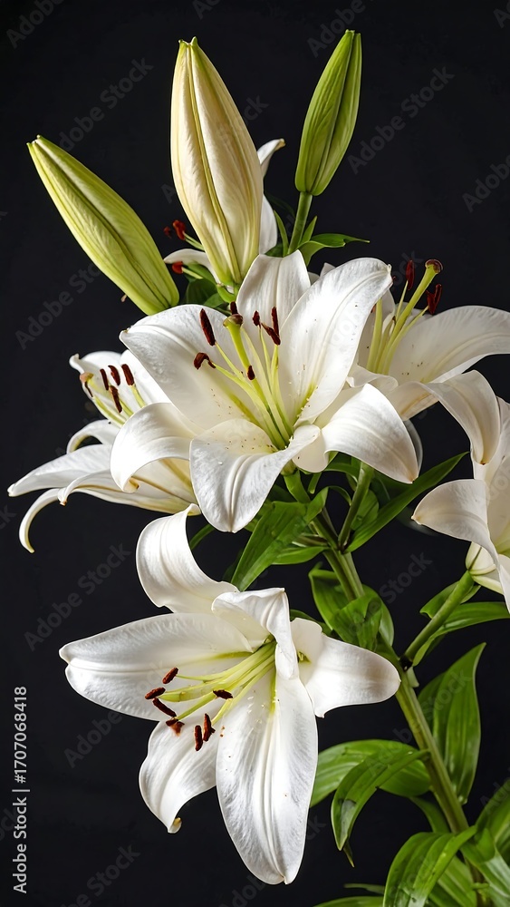 Naklejka premium Close-up of several elegant white lilies against a dark background
