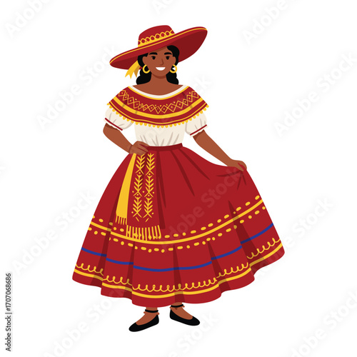 A smiling woman wearing a vibrant red traditional folk costume with a matching hat.