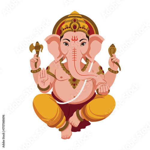 A colorful illustration of the Hindu deity Ganesha, depicted with an elephant head, seated cross-legged and holding various symbolic objects.