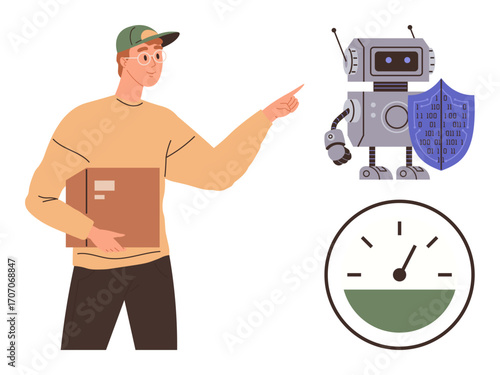 Man holding package points at robot with shield and progress gauge. Ideal for automation, robotics, cybersecurity, technology, innovation, protection, efficiency. A simple flat metaphor