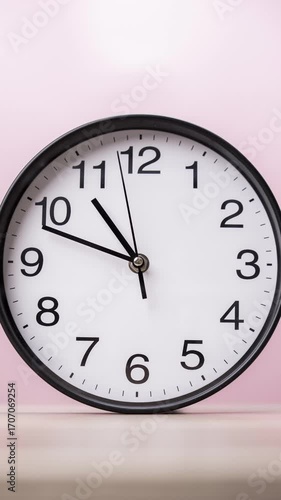 4K footage Time lapse simple round wall clock with black frame and white face showing the time at 10:40 against soft pink background, Concept of time and punctuality.