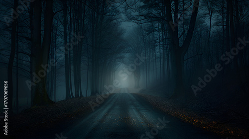 Mysterious dark forest road vanishing into fog and light