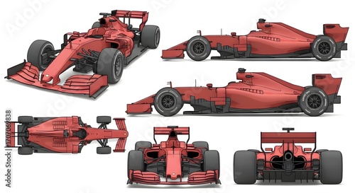 Multiple views of a red Formula One racing car, showcasing various angles and perspectives.