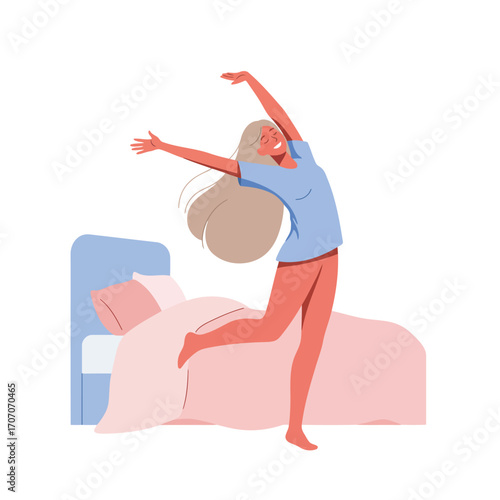 Woman stretching and waking up in the morning, feeling happy and energetic after a good sleep.
