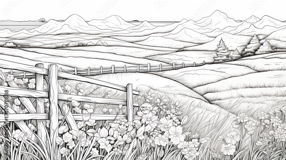 Fototapeta premium Line drawing countryside landscape