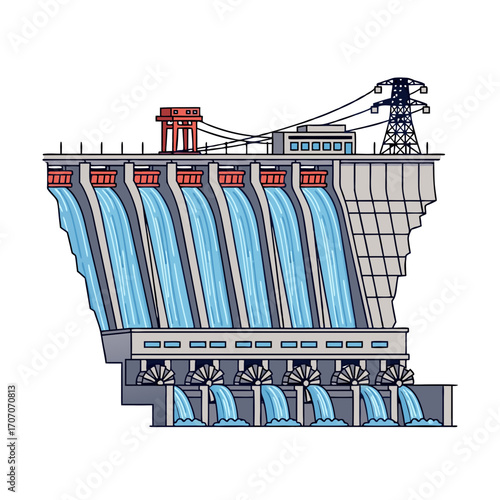 A large hydroelectric dam with multiple water gates and turbines in a industrial setting