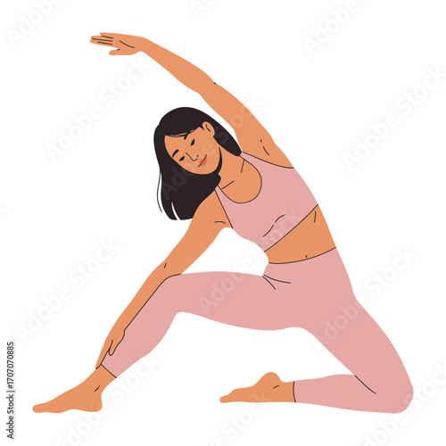 Woman in pink sportswear doing a side stretch yoga pose.