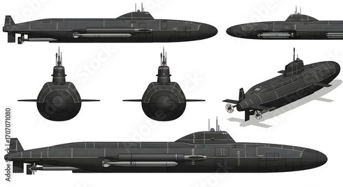 Multiple views of a dark-colored submarine, showing detailed exterior design and structure.