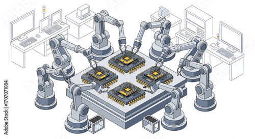 High tech robotic machinery for precision electronics and CPU assembly.