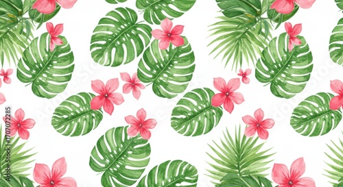 Watercolor Tropical Pattern: Pink Flowers and Green Leaves.