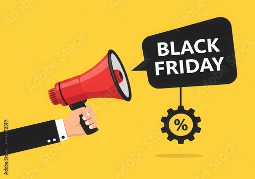 Hand holding red megaphone announcing Black Friday sale with gear and percent sign Keywords
