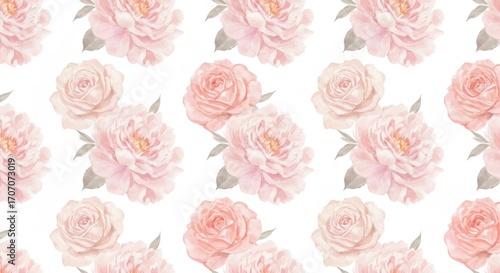 Watercolor Floral Pattern: Pink Roses and Peonies on White Background.
