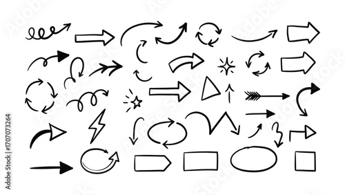 Hand drawn collection of various doodle arrows and sketch symbols for pointing direction