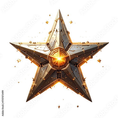 Futuristic metallic star with glowing core and geometric facets, symbolizing success on black background.