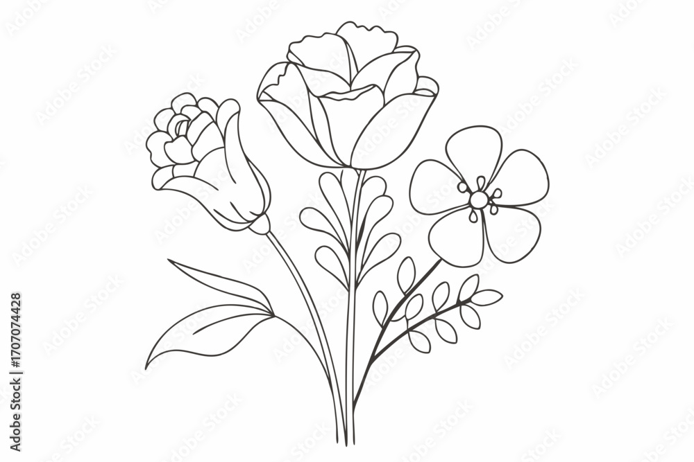 Obraz premium Floral Bouquet Line Art Illustration with Leaves