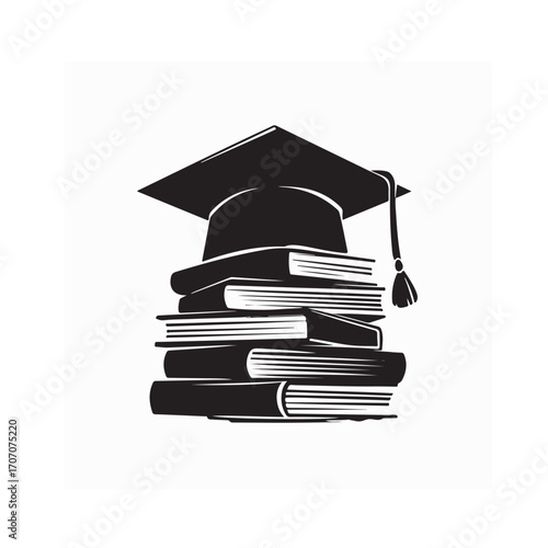 Academic Graduation Hat on Books Vector Logo Template on white background