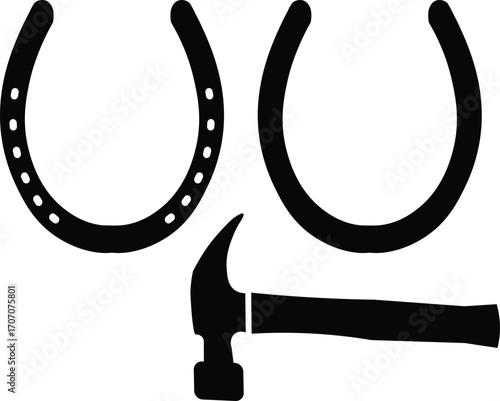 Black and White Silhouette of Horseshoes and Hammer