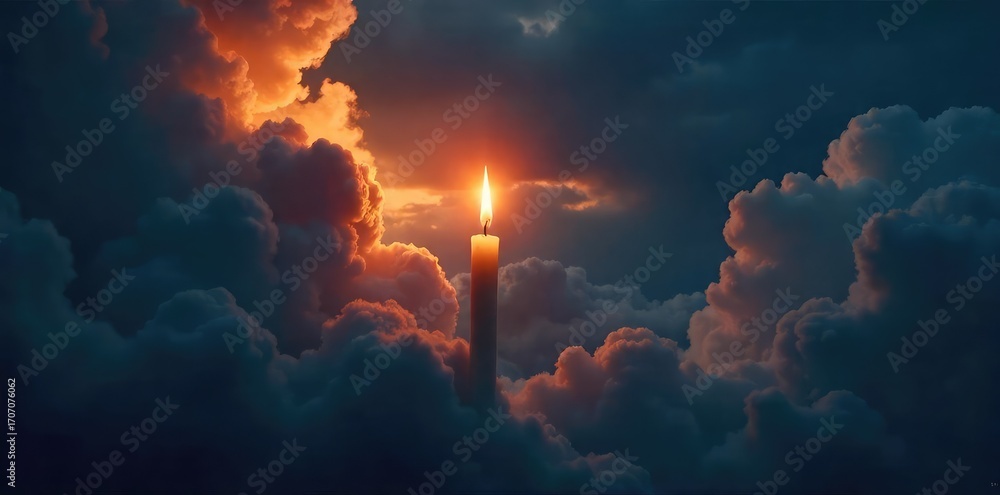 Obraz premium A single, flickering candle flame against a backdrop of dark, swirling clouds, symbolizing the hope and journey towards spiritual release and enlightenment , liberation, dark