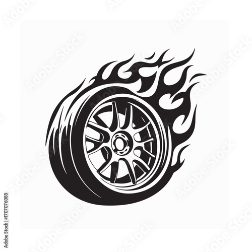 Racing Tire and Rim with Fire Vector Logo Illustration on white background