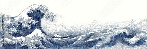 A traditional style illustration of ocean waves is depicted through simple drawing, characterized by dynamic lines, flowing movements, and vibrant blue hues, accompanied by a golden line reminiscent