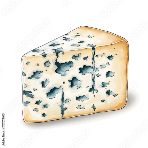 Watercolor vector illustration of blue mold cheese isolated on white
