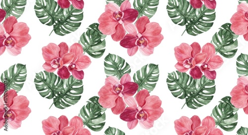 Watercolor Orchid and Monstera Leaf Seamless Pattern.