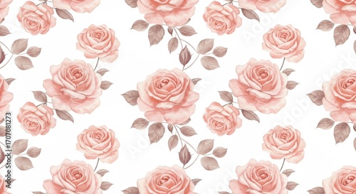 Watercolor Rose Pattern: Elegant Floral Design on White Background.