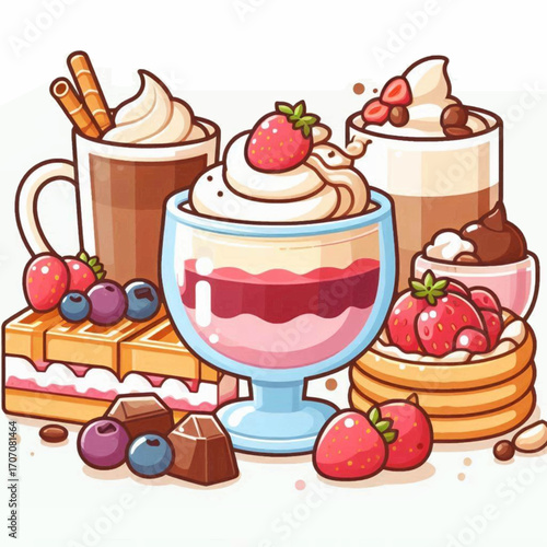 Cartoon desserts mugs a glass cakes chocolates berries whipped cream