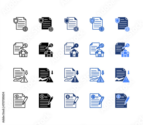 Indemnity, Damages, Lease, Invoice, multiple style icon set.