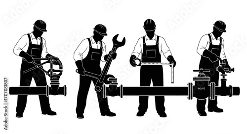 Four plumbers working collaboratively on a large industrial pipe, using various tools for maintenance and repair.