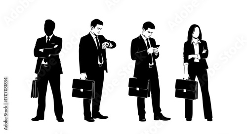 Four business professionals, formally dressed, stand with briefcases, exhibiting various postures suggesting different tasks or states of attentiveness.