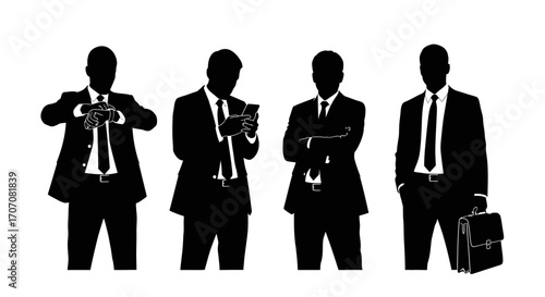 Silhouette group of businessmen in various poses, interacting with objects.