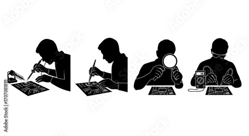 Silhouette series depicting individuals carefully working on circuit boards with tools.