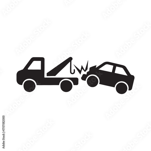 Car accident recovery service with tow truck for vehicle transportation after a collision black vector illustration on white background depicting roadside assistance