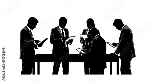 Silhouette of businesspeople in formal attire, gathered around a table, engaged in a meeting, using tablets and documents.