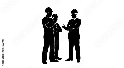 Three men, two in construction hats and one in a suit, are shown in silhouette, engaged in a discussion.